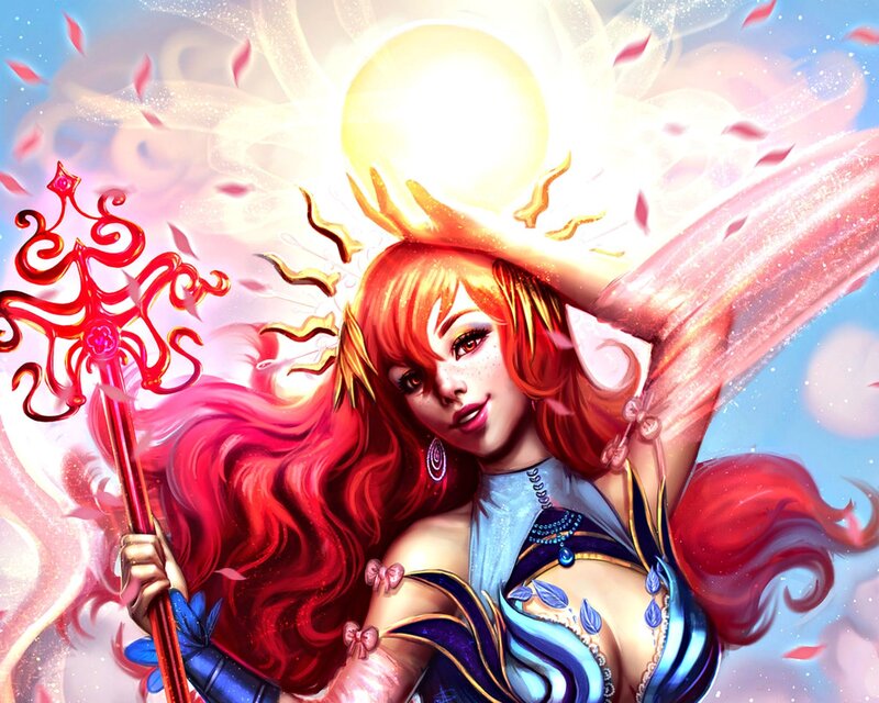Red-haired Woman with Staff — Red, Dramatic, Digital Art, Sun