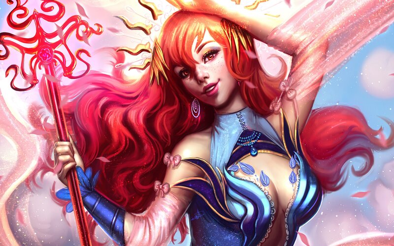 Red-haired Woman with Staff — Red, Dramatic, Digital Art, Wings