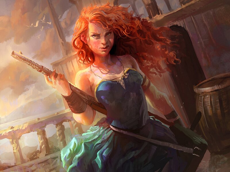 Red-haired Woman with Staff — Red, Dramatic, Sunset