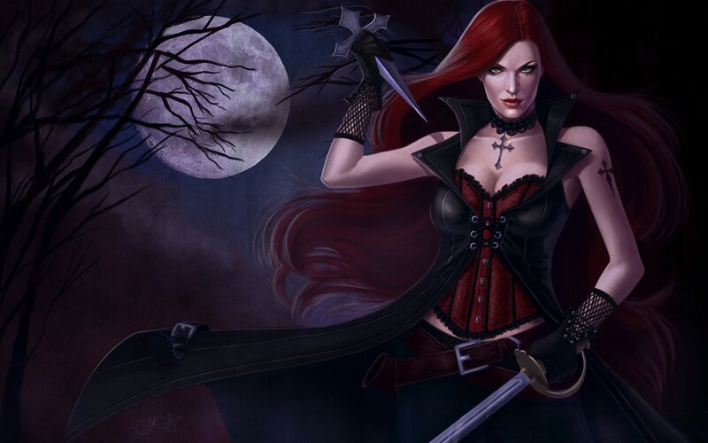 Red-haired Woman with Sword — Black, Dramatic