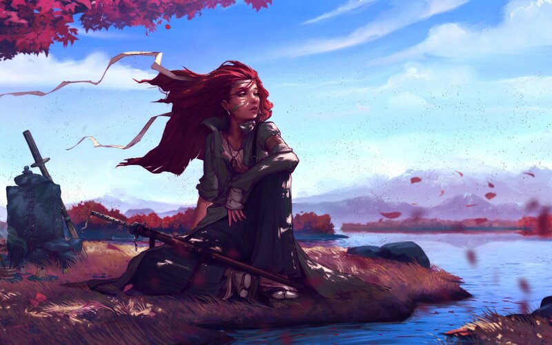 Red-haired Woman with Sword — Blue, Serene