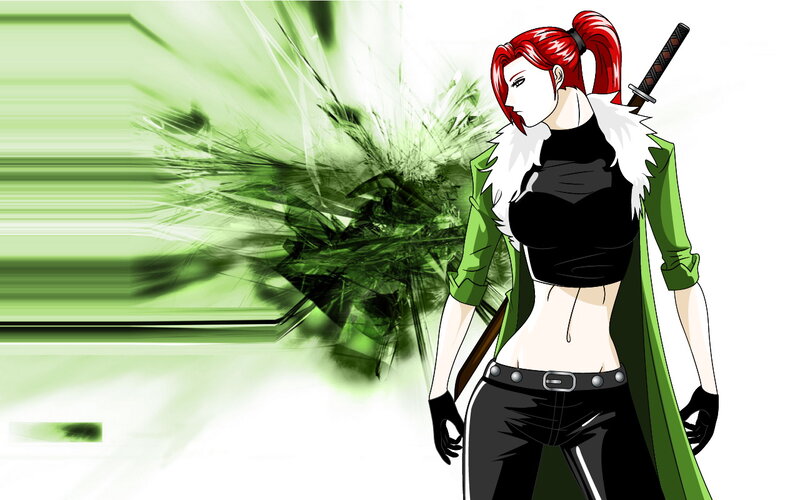 Red-haired Woman with Sword — Green, Dramatic