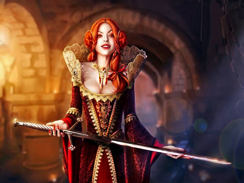 Red-haired Woman with Sword — Red, Dramatic, Digital Art, Castle