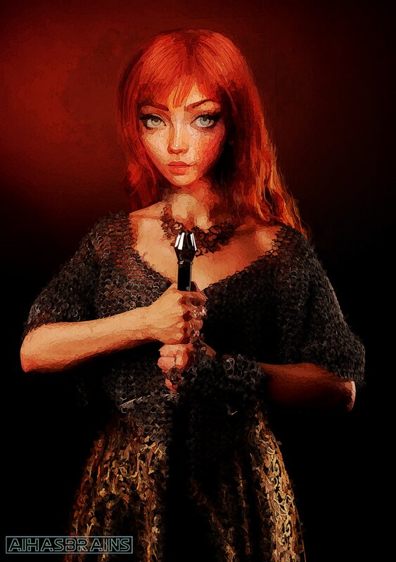 Red-haired Woman with Sword — Red, Dramatic, Digital Art, Chainmail