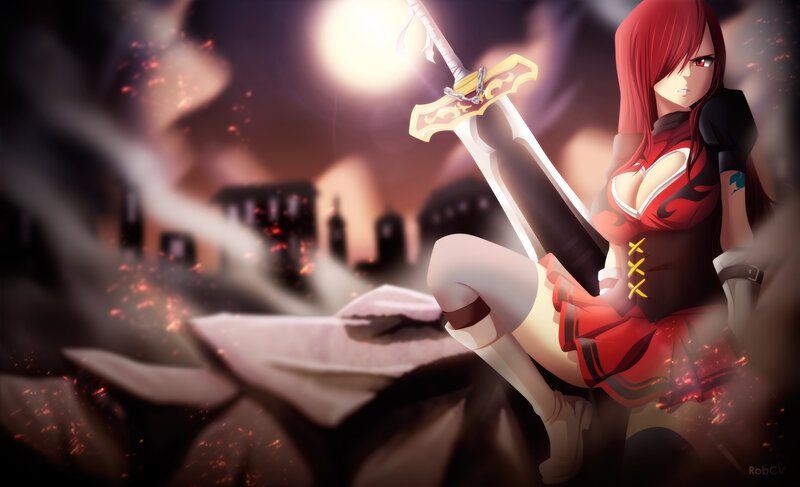Red-haired Woman with Sword — Red, Dramatic, Night, Anime