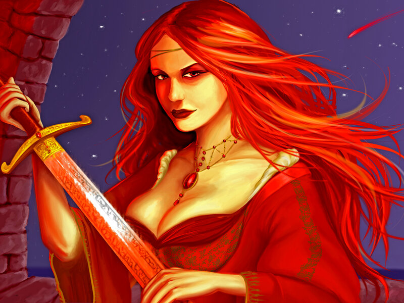 Red-haired Woman with Sword — Red, Dramatic, Night, Digital Art