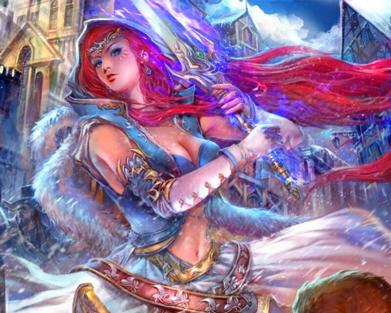 Red-haired Woman with Sword — Red, Dramatic, Winter, Digital Art