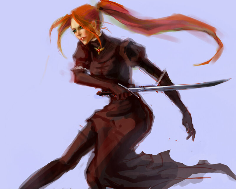 Red-haired Woman with Sword — Red, Dynamic, Digital Art