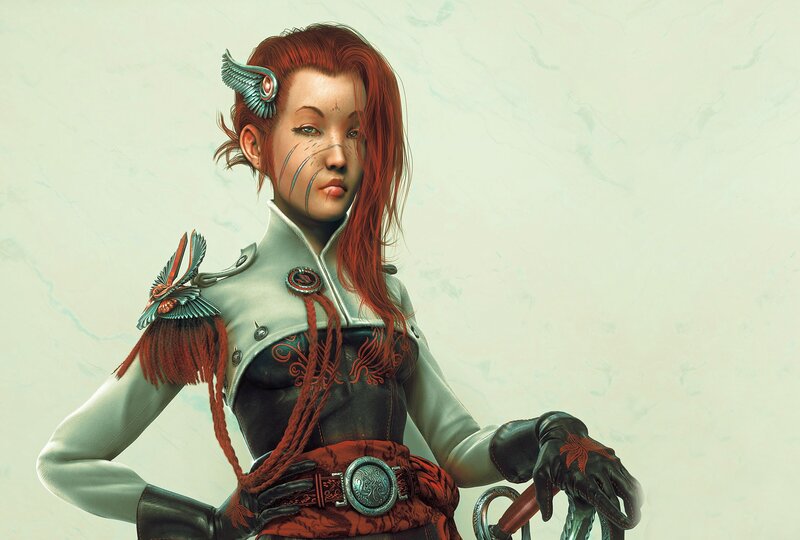 Red-haired Woman with Sword — Red, Serious
