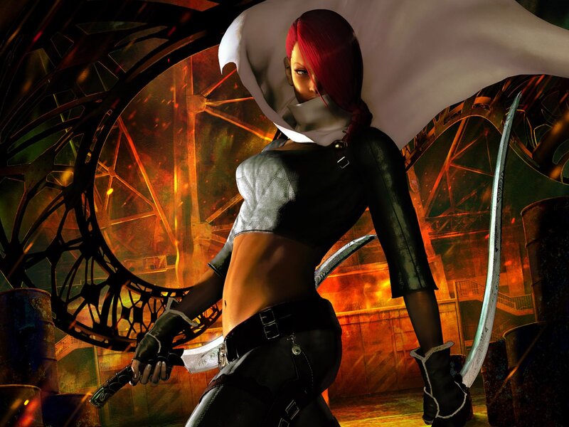 Red-haired Woman with Swords — Black, Dramatic, 3d Render, Mechanical Structure
