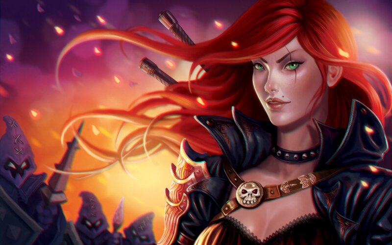 Red-haired Woman with Swords — Red, Dramatic, Sunset