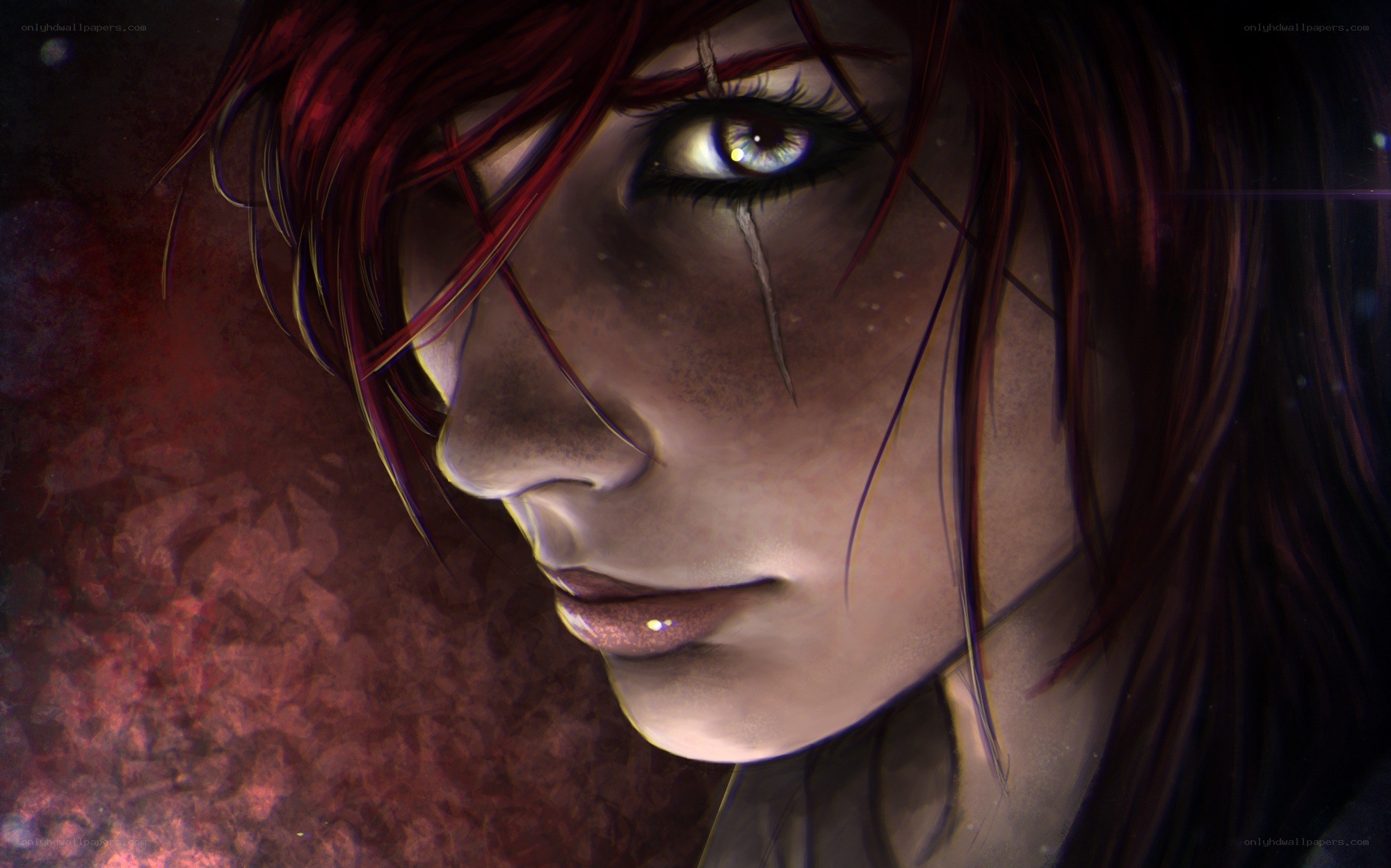 red-haired woman with tear