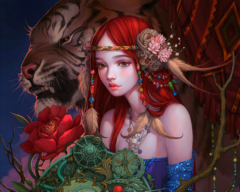 Red-haired Woman with Tiger