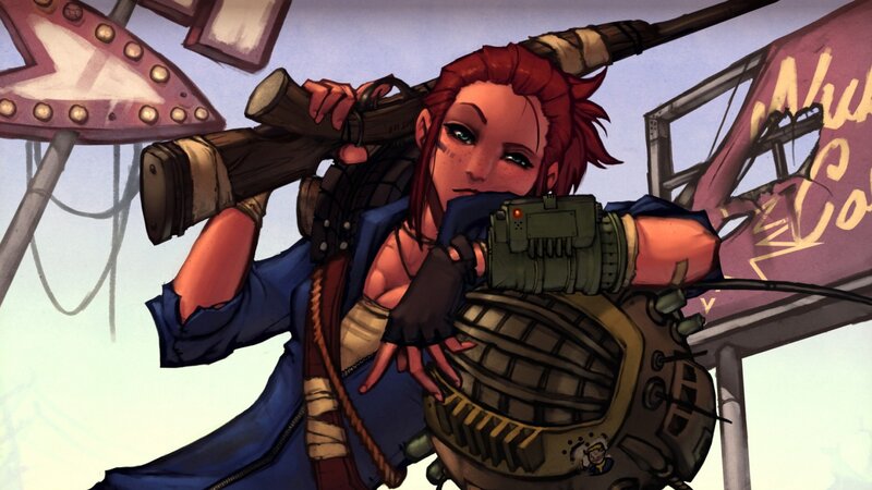Red-haired Woman with Weapon — Blue, Dramatic, Digital Art, Rifle