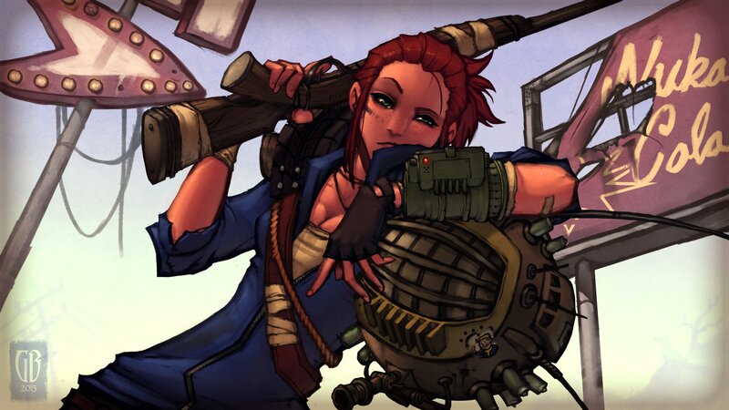 Red-haired Woman with Weapon — Blue, Dramatic, Digital Art
