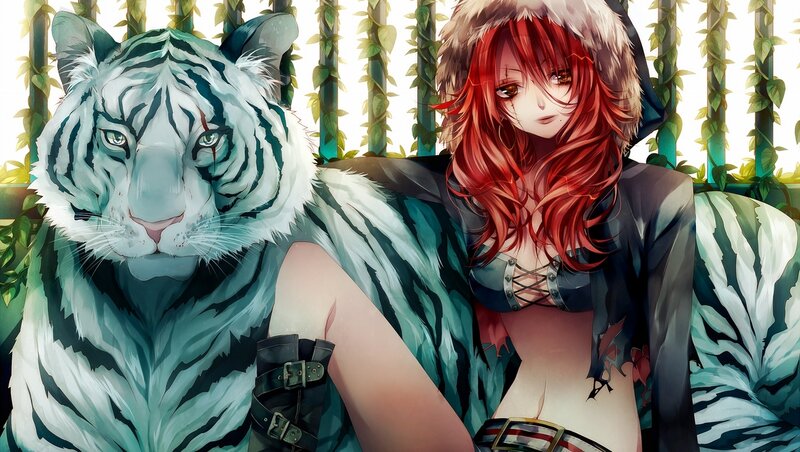 Red-haired Woman with White Tiger