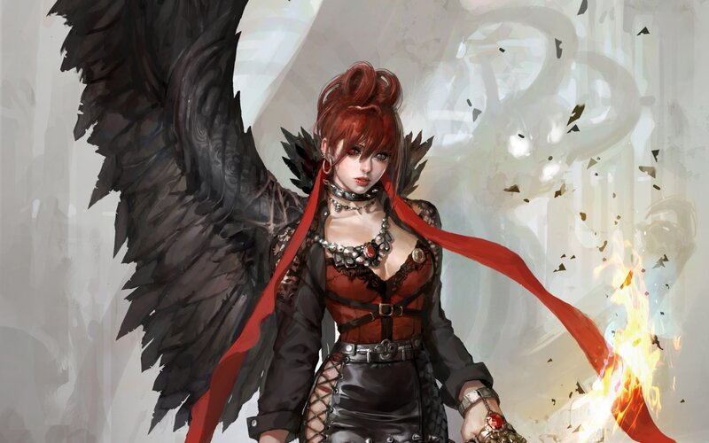 Red-haired Woman with Wings — Black, Dramatic, Digital Art, Fire