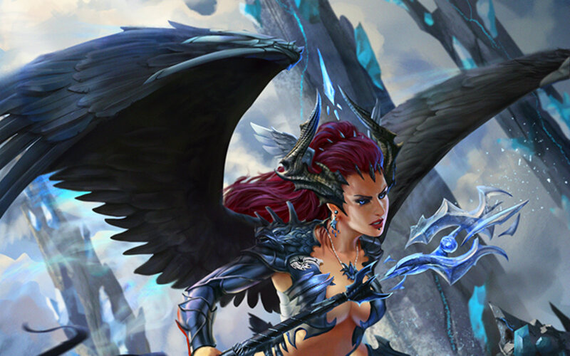 Red-haired Woman with Wings — Black, Dramatic, Digital Art