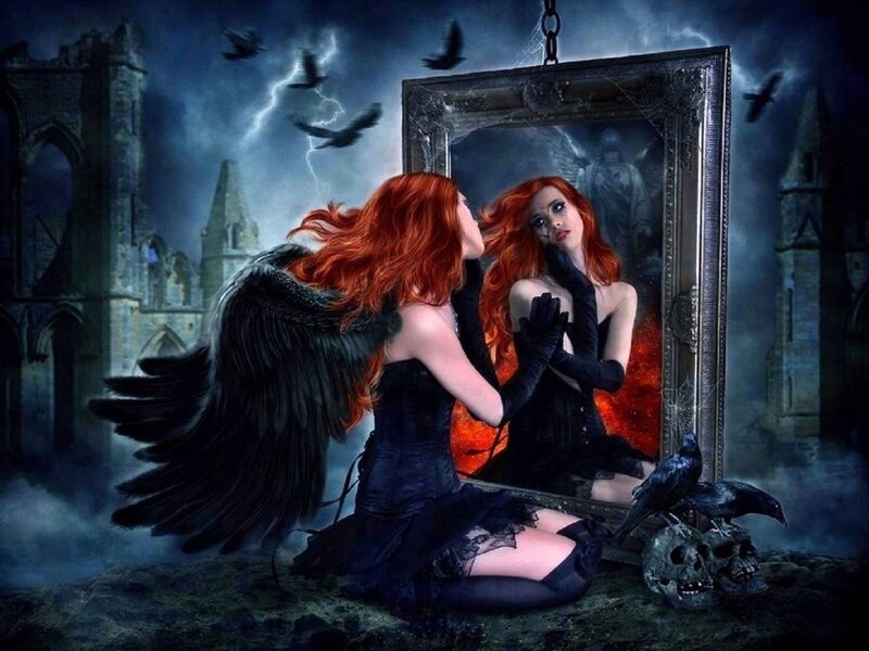 Red-haired Woman with Wings — Black, Dramatic, Night, Digital Art
