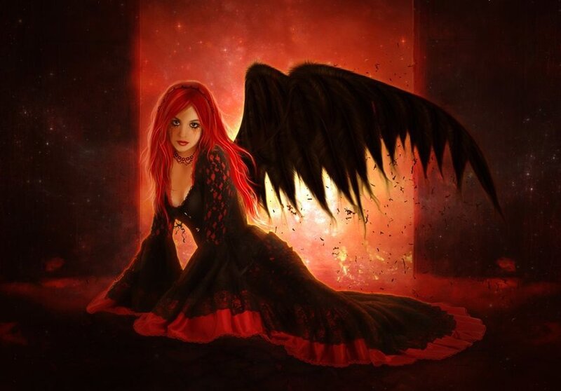 Red-haired Woman with Wings — Black, Dramatic, Night