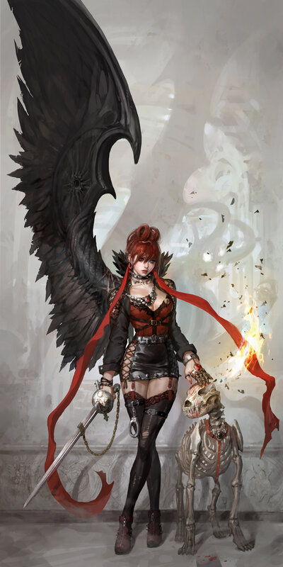 Red-haired Woman with Wings — Red, Dramatic, Digital Art, Skeleton Dog