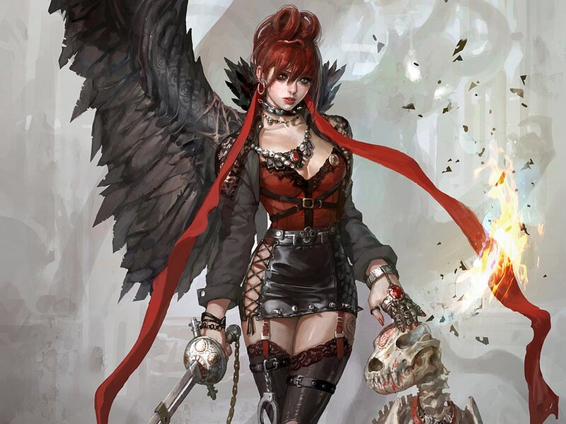 Red-haired Woman with Wings — Red, Dramatic, Digital Art, Skull