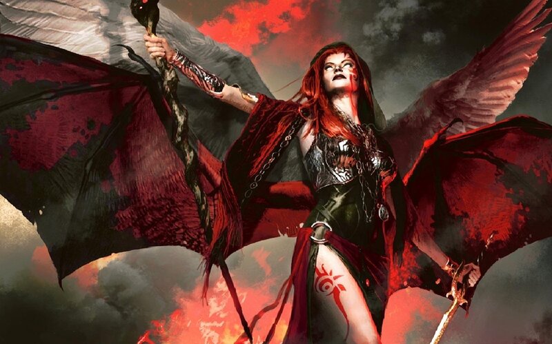 Red-haired Woman with Wings — Red, Dramatic, Digital Art, Staff