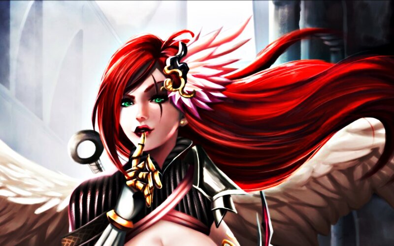 Red-haired Woman with Wings — Red, Dramatic, Digital Art, Sword