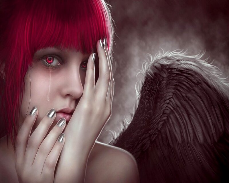 Red-haired Woman with Wings — Red, Dramatic, Digital Art, Tear