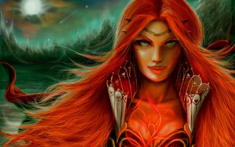 Red-haired Woman with Wings — Red, Dramatic, Night, Digital Art
