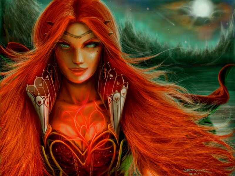 Red-haired Woman with Wings — Red, Dramatic, Night