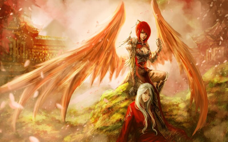 Red-haired Woman with Wings — Red, Dramatic, Sunset, Digital Art
