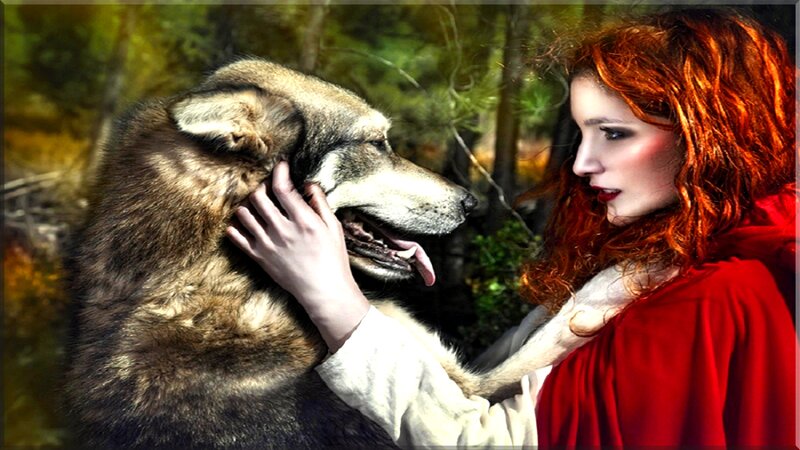 Red-haired Woman with Wolf — Red, Dramatic