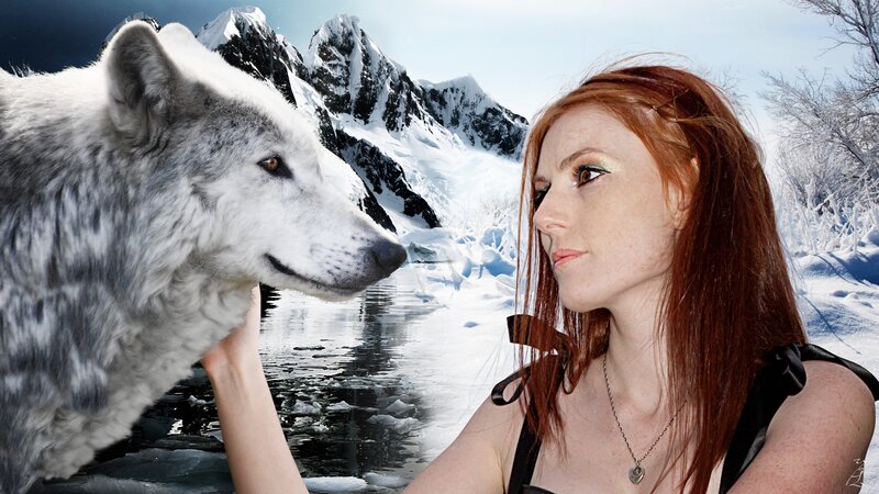 Red-haired Woman with Wolf — White, Dramatic