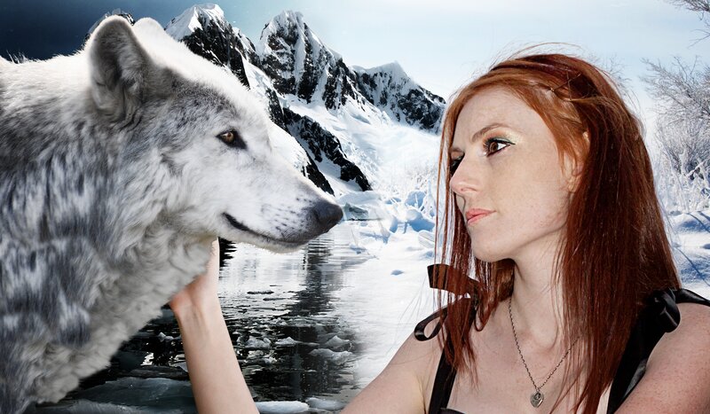 Red-haired Woman with Wolf — White, Dramatic, Winter