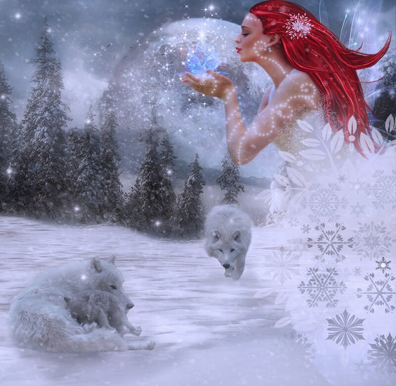 Red-haired Woman with Wolves