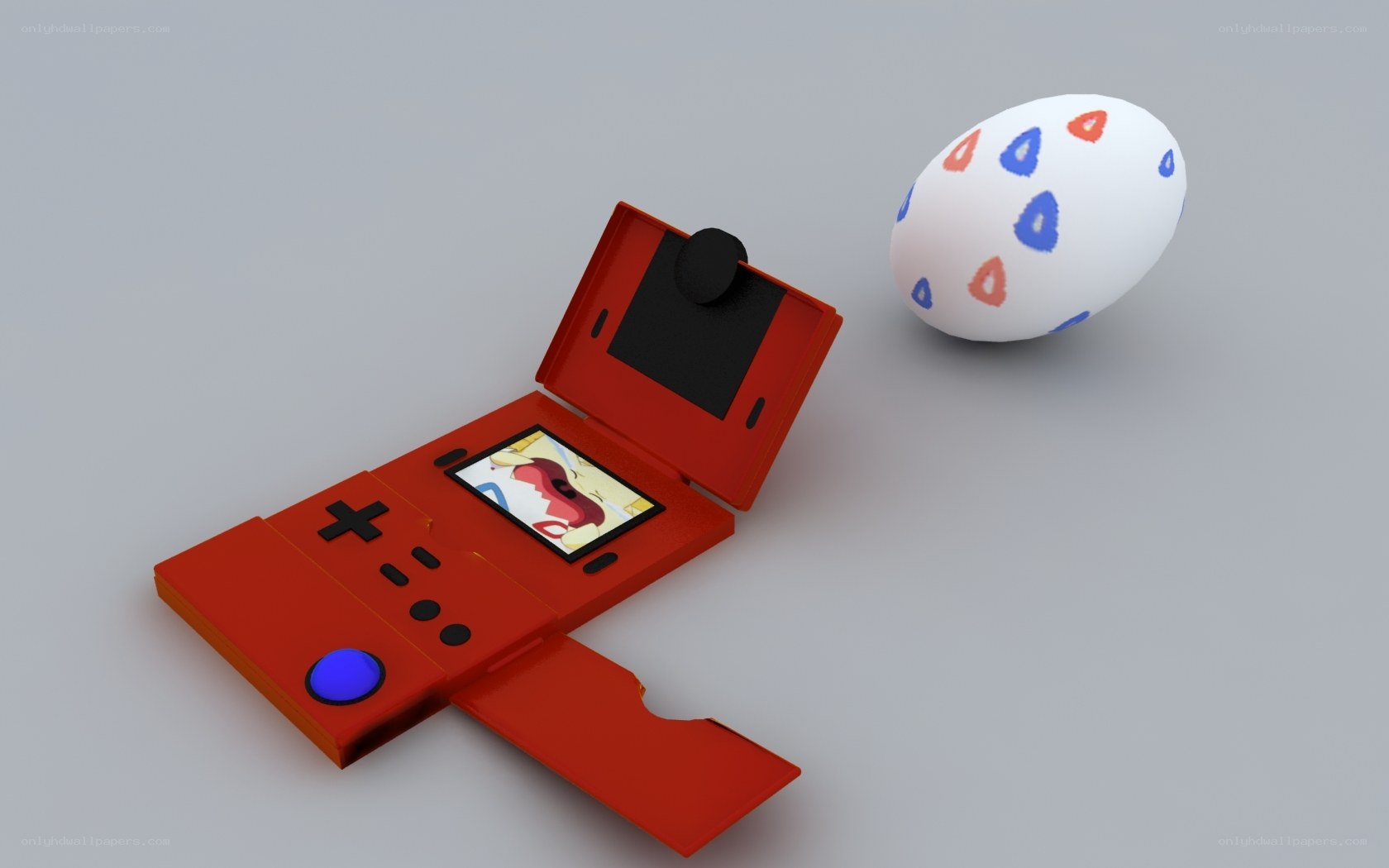 Red handheld console with egg
