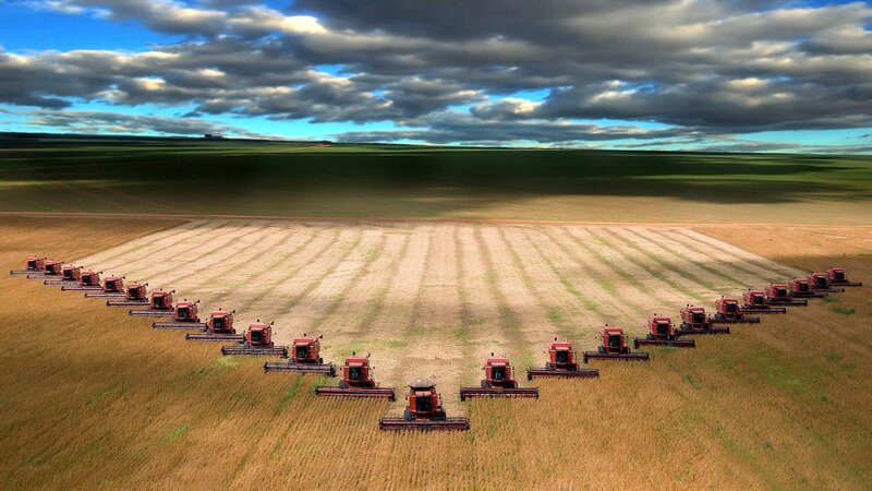 Red Harvesters in Field — Green, Dramatic, Afternoon, Photograph, Sky