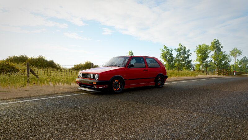 Red Hatchback Car — Calm, Afternoon