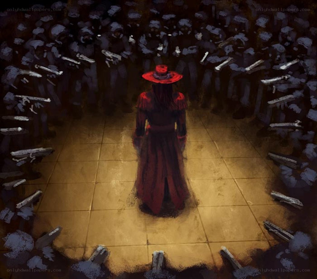 Red-hatted figure in a circle