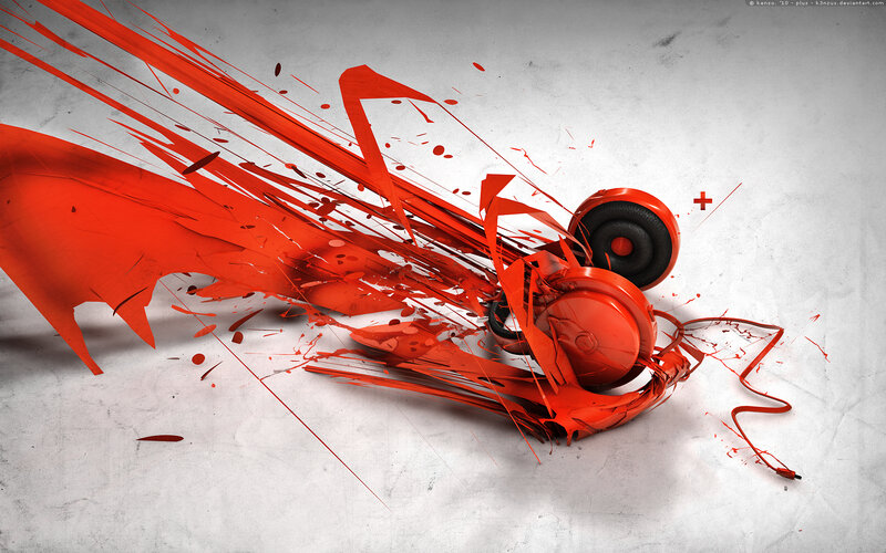 Red Headphones Explosion — Dynamic, Digital Art, Splatter