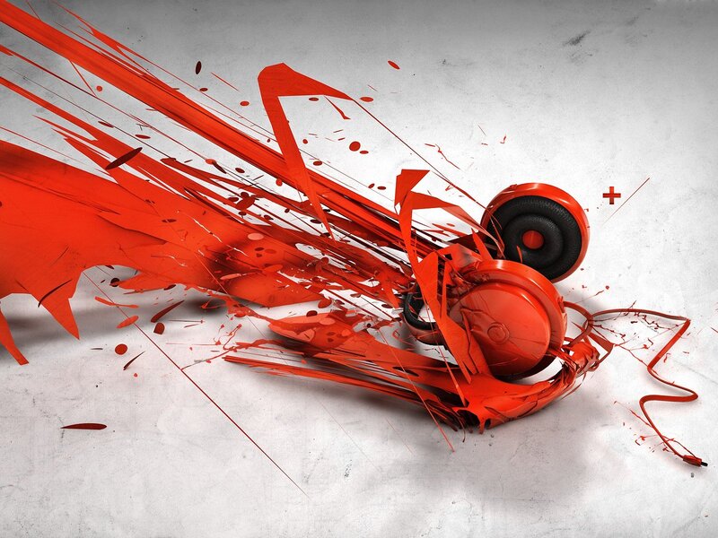 Red Headphones Explosion — Dynamic, Digital Art