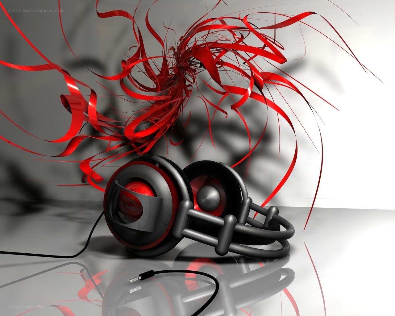 Red headphones with abstract ribbons