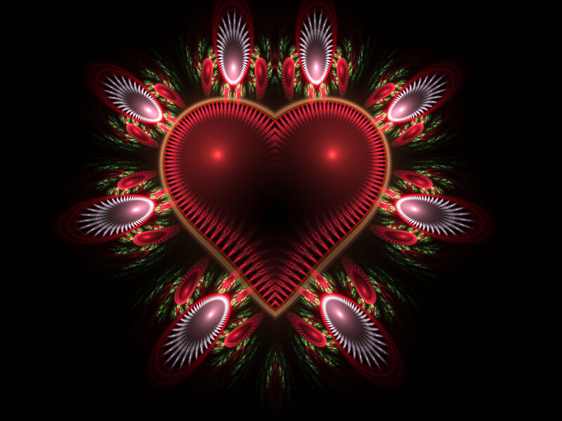 Red Heart Fractal Design — Dramatic, Digital Art, Light, Black, Green