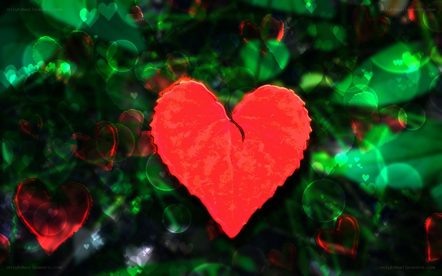 Red heart leaf on green background