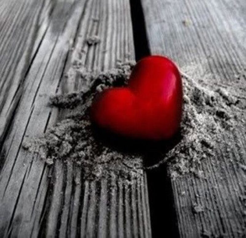 Red Heart on Wood — Dramatic, Photograph, Sand