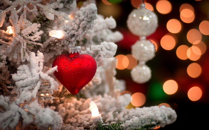Red Heart Ornament — Festive, Winter, Photograph, Frosty Tree