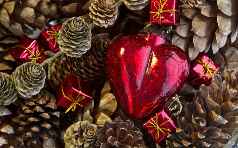 Red Heart Ornament — Festive, Winter, Photograph, Pinecones