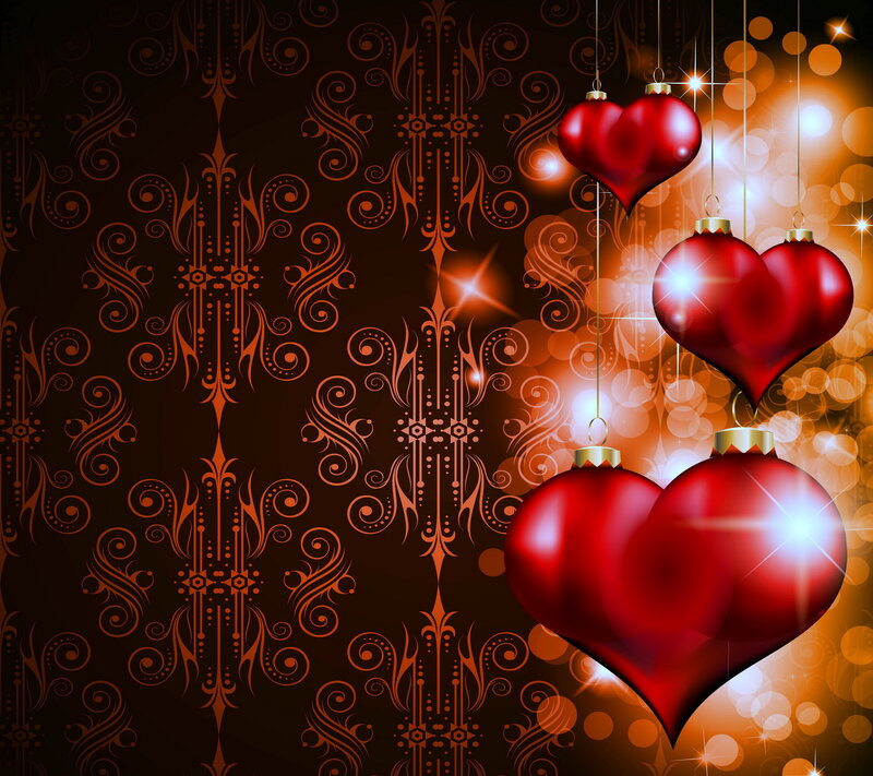 Red Heart Ornaments — Festive, Digital Art