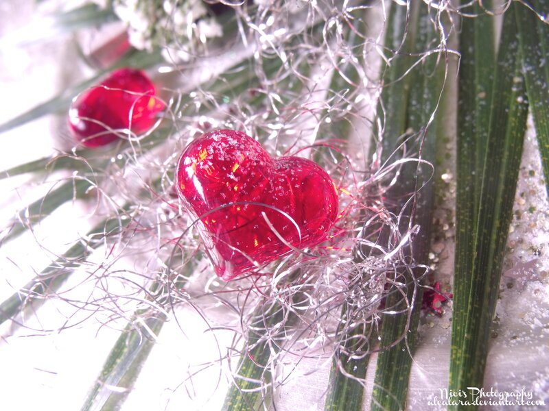 Red Heart Ornaments — Festive, Photograph, Silver Tinsel